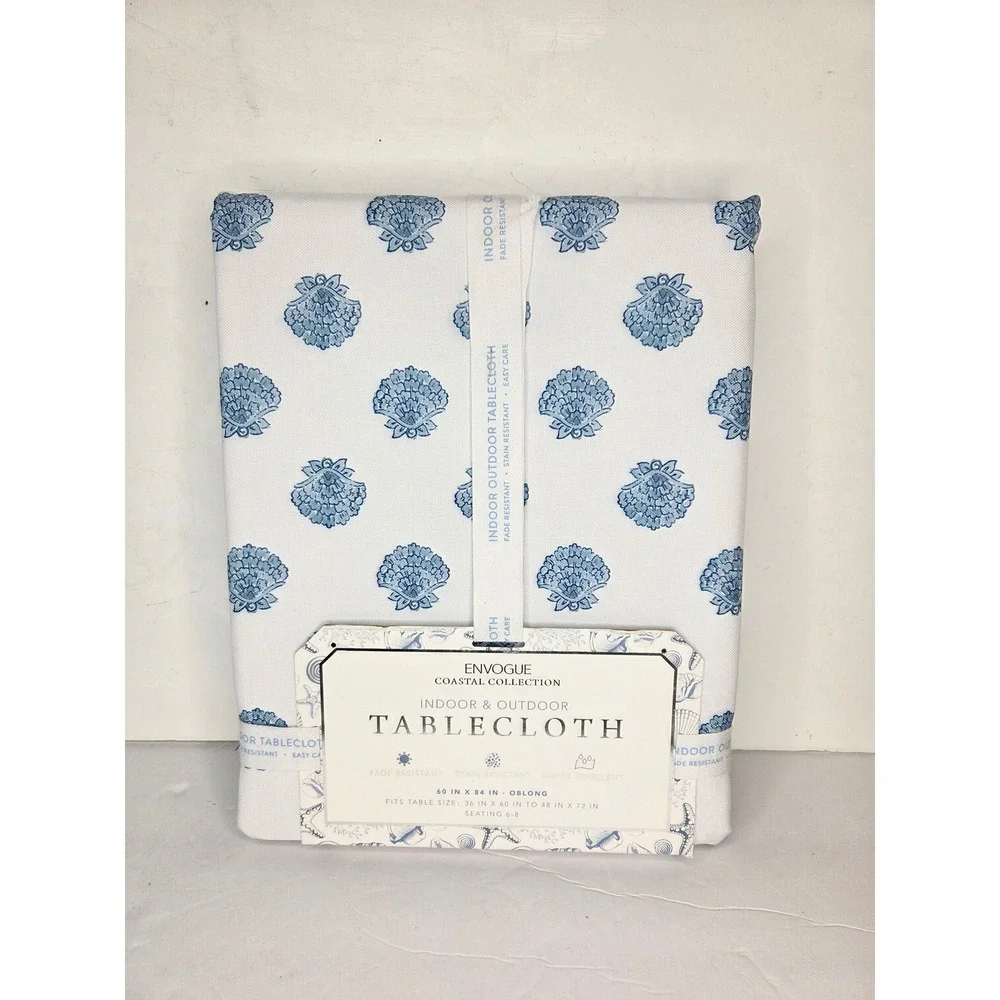 Envogue Coastal Collection Tablecloth 60x84 Oblong Blue Shell Indoor Outdoor NEW